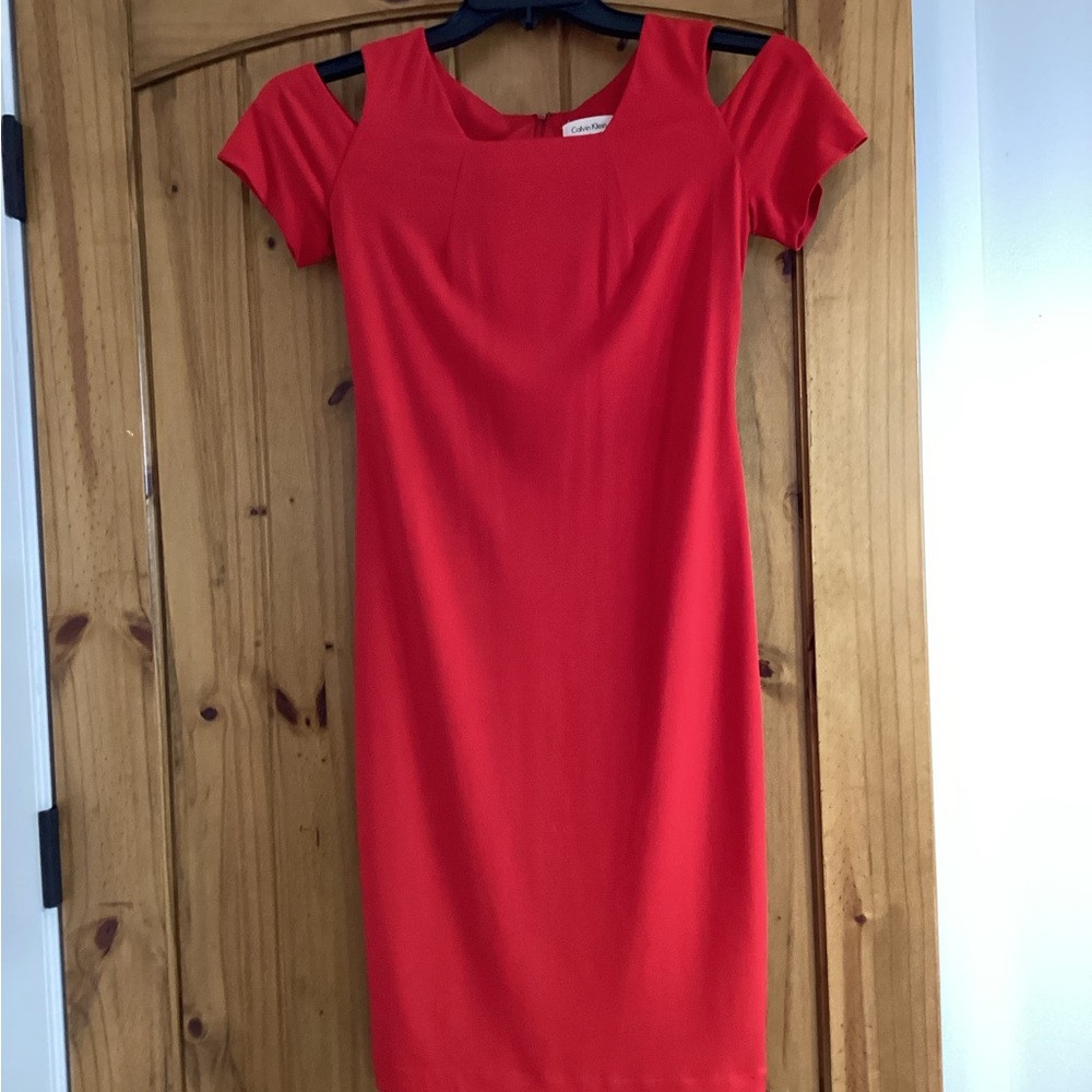 Calvin Klein Red Cold-Shoulder Midi Sheath Dress